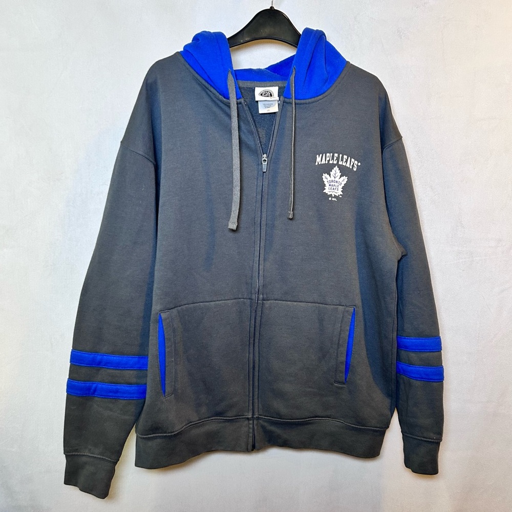 Official NHL Toronto Maple Leafs Gray/Blue Full Zip Hoodie Sweater Men’s Size L